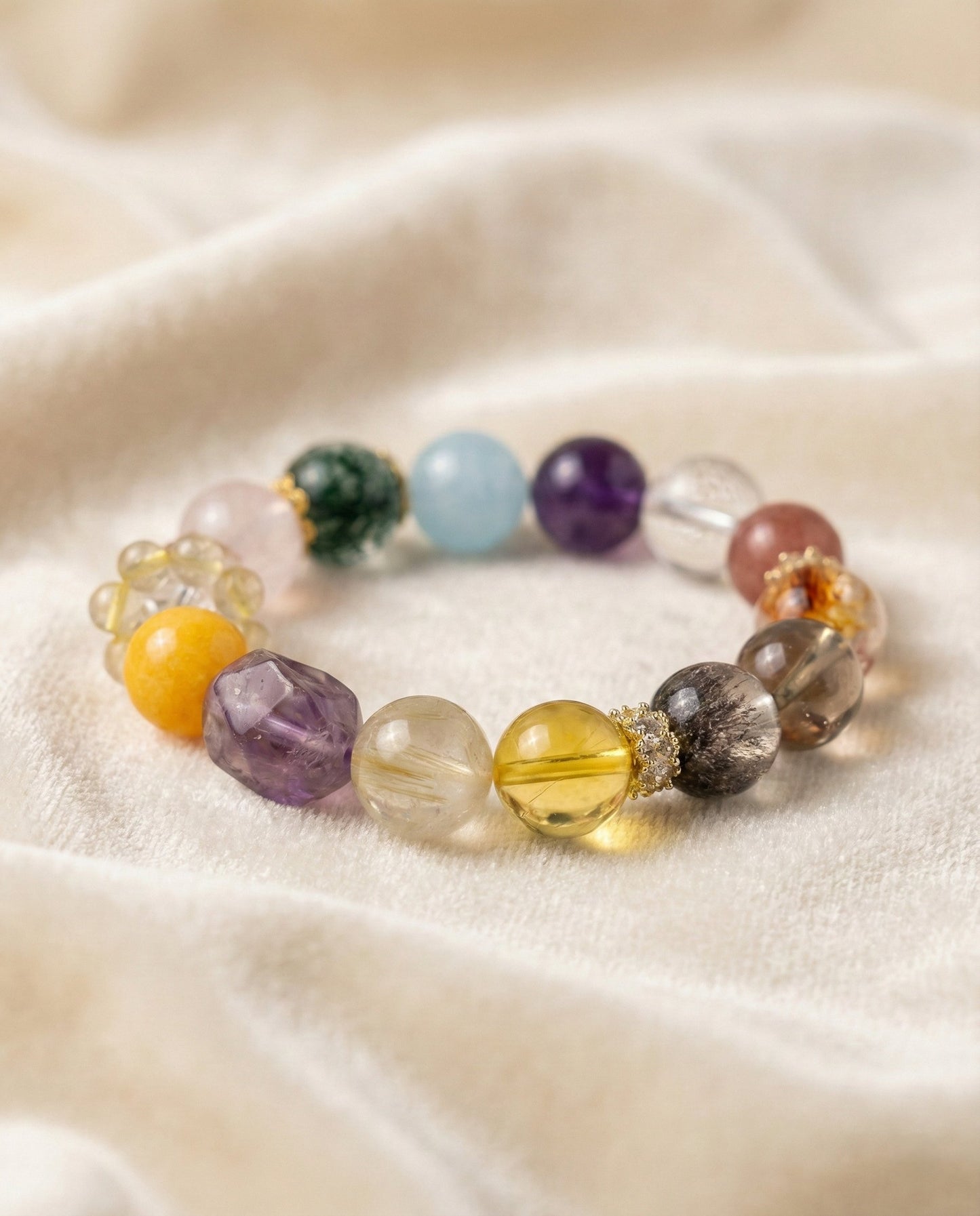 The Prism of Luck Bracelet, shown at a gentle angle on a light velvet surface.