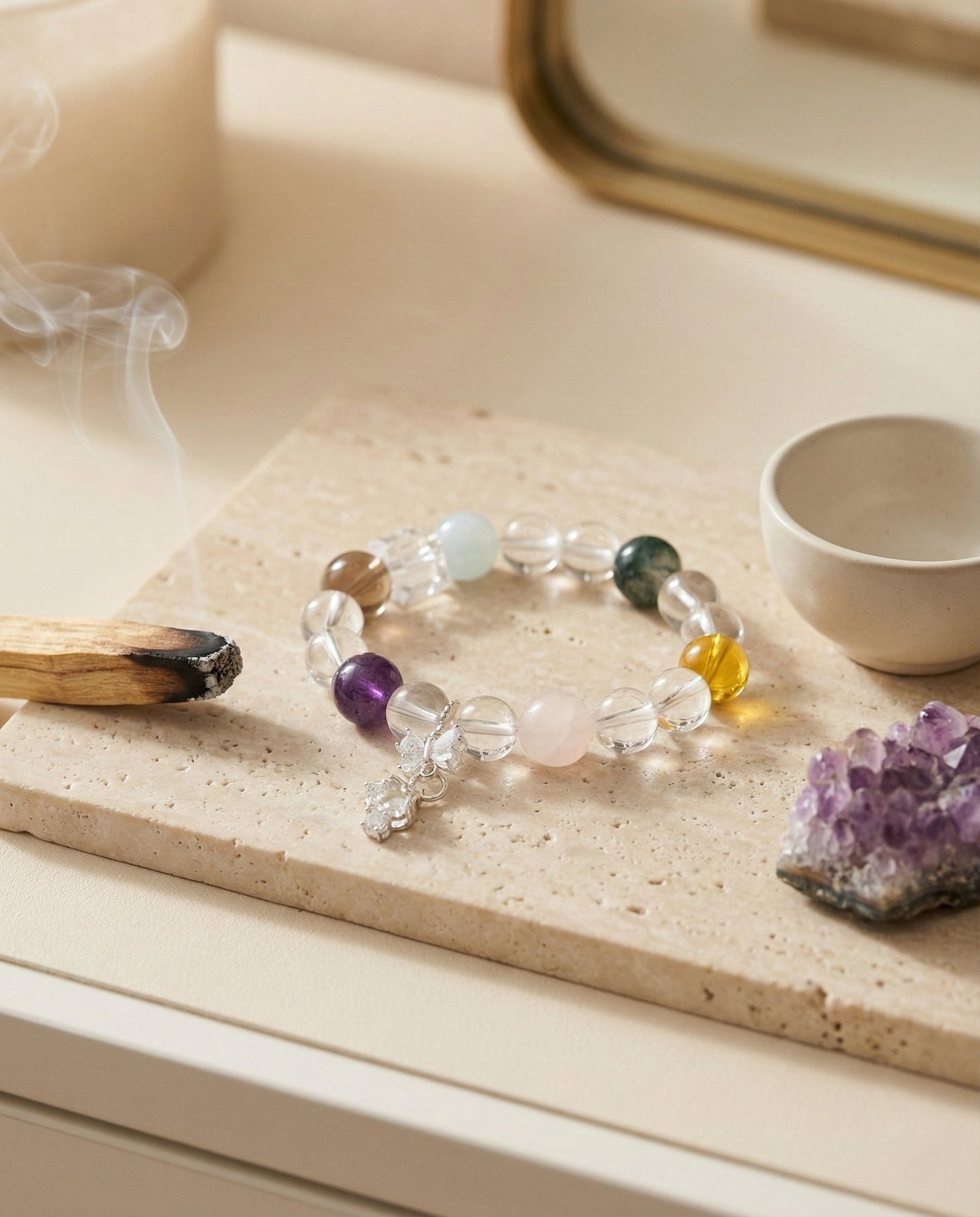 The Prism Harmony Bracelet styled in a calm interior setting — Balance & Protection Series
