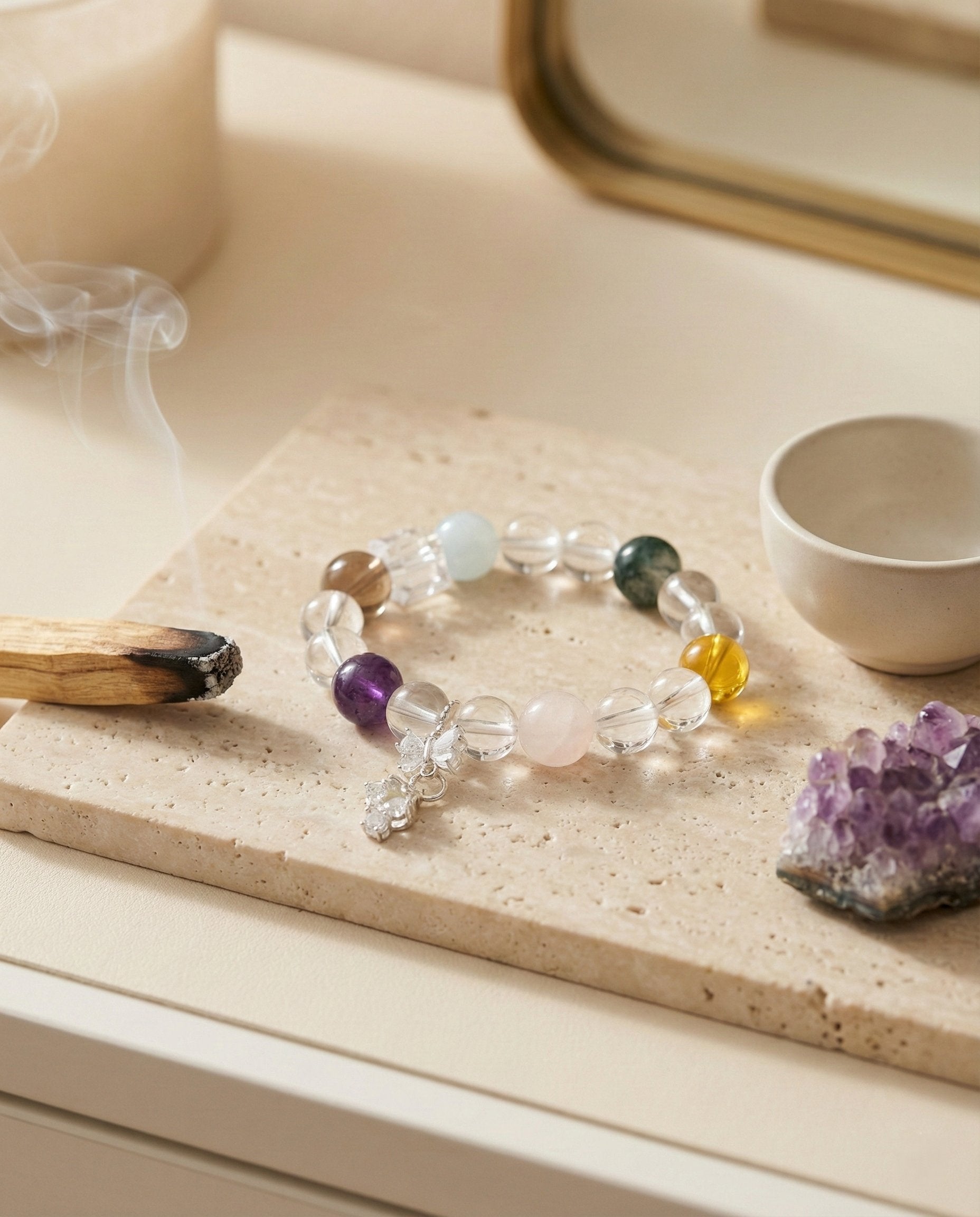 The Prism Harmony Bracelet styled in a calm interior setting — Balance & Protection Series