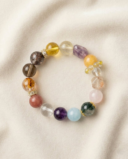 The Prism of Luck Bracelet, photographed from above on a light velvet background.