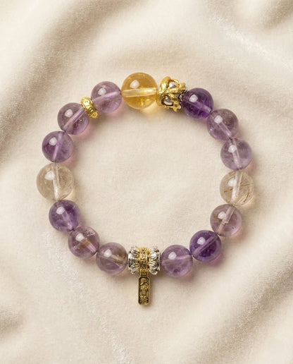 The Purple Sanctuary Bracelet, photographed from above on a light velvet background.